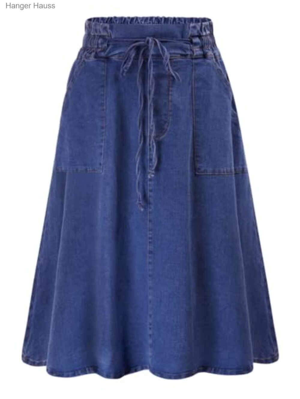 Casual Denim Midi Skirt A-Line Tie Waist Frill Pockets